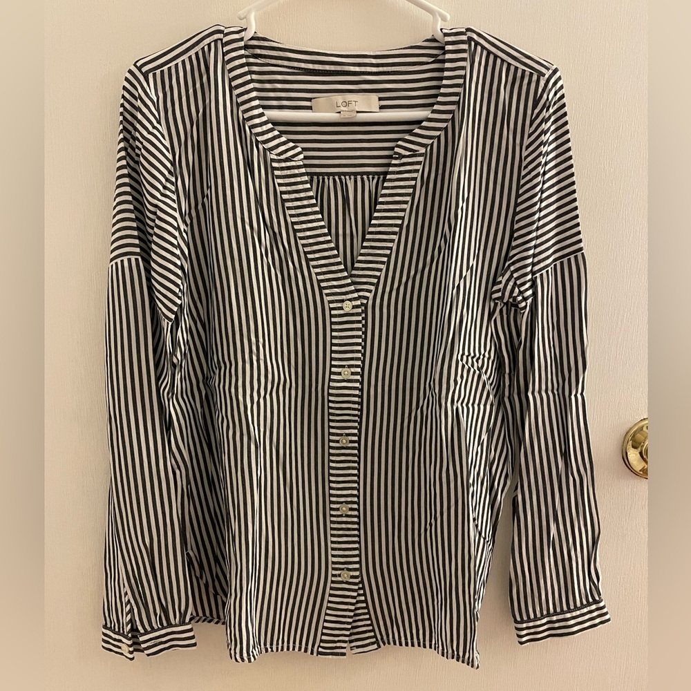Striped Navy Blue and White Button-Down Loft Blouse